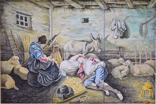 Ceramiche d-Arte di Albisola - Pannello in maiolica dipinta amano con scena pastorale.